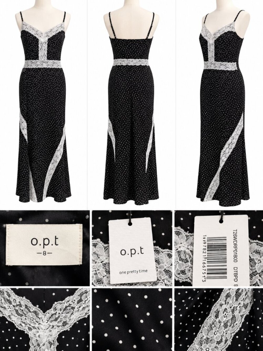 o.p.t. Vala Black Polka Dot Lace Trim Maxi Dress – Size 8 – NWT